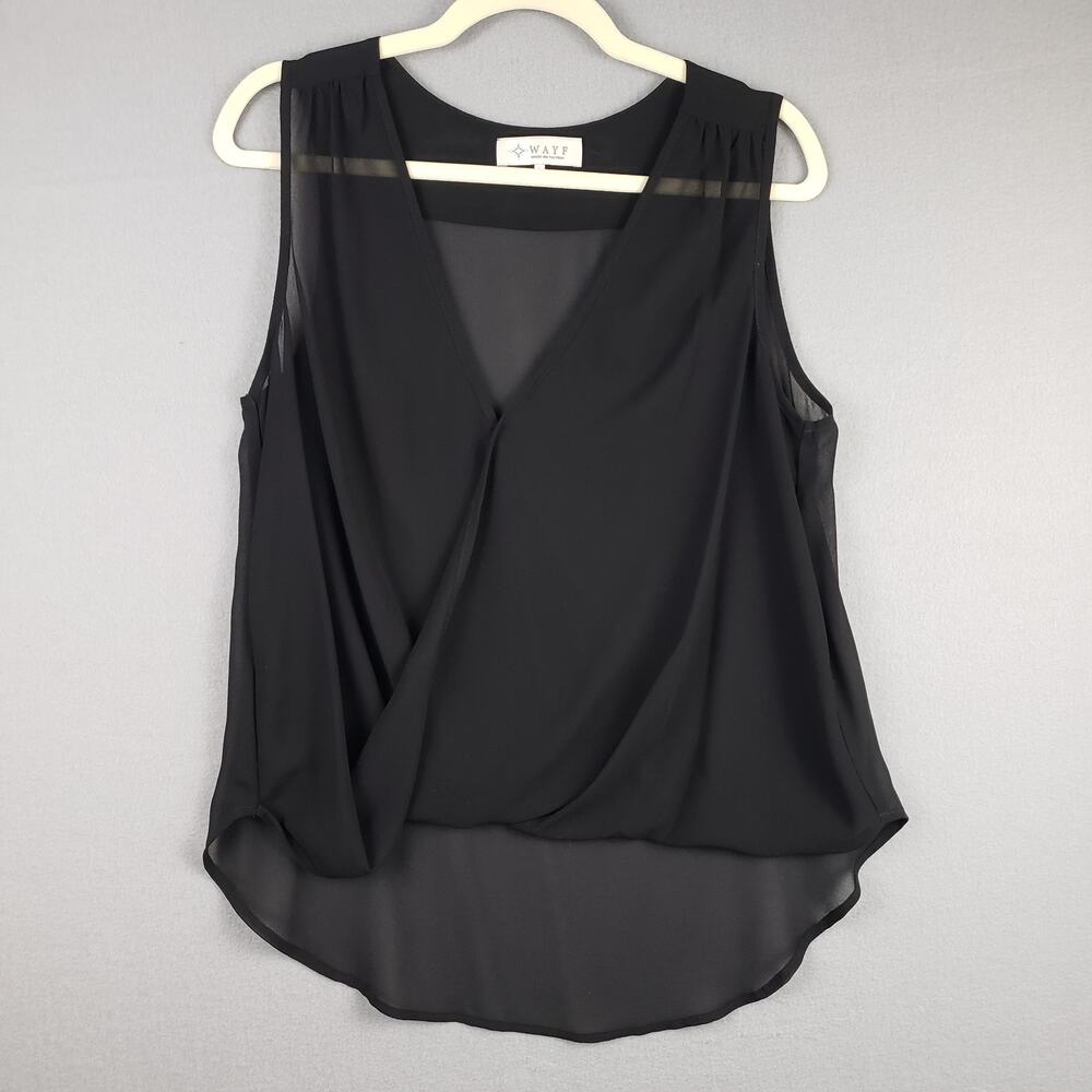 WAYF L Sleeveless Chiffon Draped Blouse Black Semi Sheer Office Siren Whimsigoth